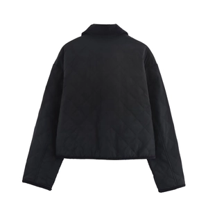 Back view of women's black quilted corduroy jacket with classic long sleeves and lapel collar