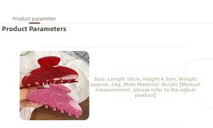 Detail view of 10cm glitter acrylic hair claws in red and pink with precise dimensions