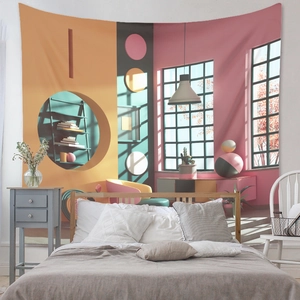 Detail of bohemian tapestry featuring geometric 3D architecture in vibrant pastel colors