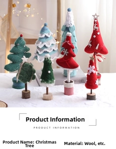 Detail of wool felt Christmas tree ornaments with natural wood bases and star toppers