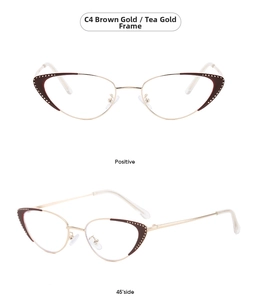 Detailed views of brown gold cat-eye glasses frame with metallic studs and clear lenses