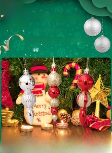 Detail of glittery Christmas tree ornaments in red and silver mosaic for holiday decoration