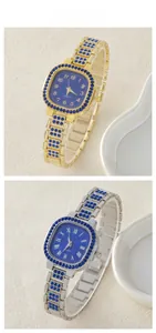 Dettaglio di orologi al quarzo quadrati di lusso con gemme blu e cristalli