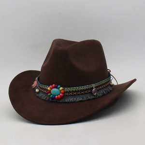 Deep brown faux suede cowboy hat with colorful ethnic beads and turquoise stone details