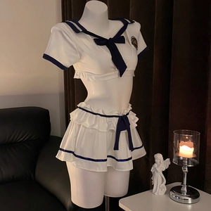 Sexy sailor schoolgirl uniform set with white crop top and pleated ruffled mini skirt
