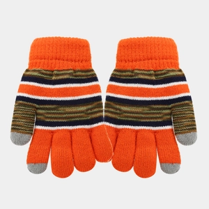 Detailed view of orange striped knit gloves with multi-color bands and reinforced grey tips