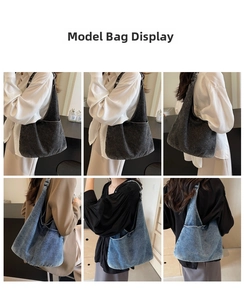 Detail view of large denim tote bags in light blue and dark grey with side button pockets