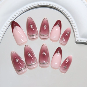 24pcs French gradient grape press on nails with 3D star charms in long almond shape
