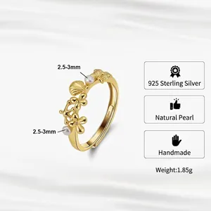 Handmade S925 sterling silver open ring with natural pearls and golden flower elements