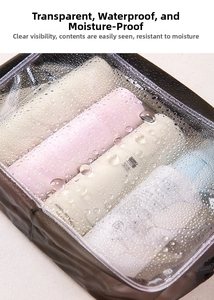 Macro shot of water droplets on a transparent waterproof PVC toiletry bag with cosmetics