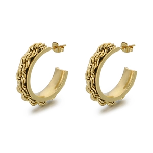 Elegant gold twisted rope C-shaped hoop earrings made of durable titanium steel for women