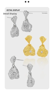 Detailed macro view of S925 silver irregular lava texture earrings with inset zircon