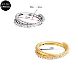 G23 titanium 16G double layer hinged nose ring with white zircon in gold and silver