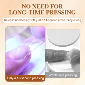 Solid nail glue demonstration showing 10-second UV light curing process for tips