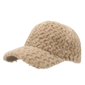 Fuzzy warm winter baseball cap for women with unique wave texture in beige
