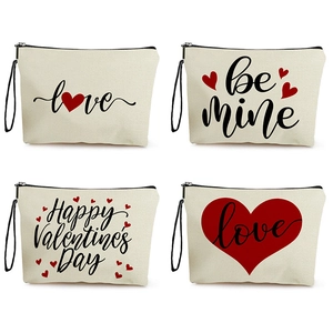 Valentine's Day Heart Print Canvas Cosmetic Bag Travel Makeup Pouch With Zipper And Wrist Strap For Women