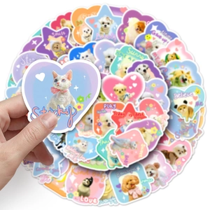 Close-up of cute heart-shaped pet cat stickers for water bottles and suitcases