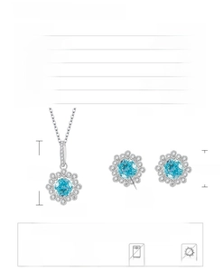 Detailed spec sheet of S925 silver sunflower jewelry set with 6mm blue carbon diamonds