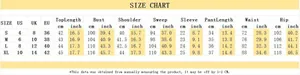 Size chart for women's denim set with top and skirt pants in US, UK, and EU measurements