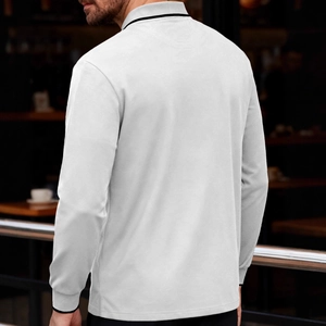 Men's white long sleeve polo shirt with black contrast collar and cuffs in slim fit style