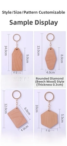 Detailed dimensions of various custom wooden hotel keychains with different geometric shapes