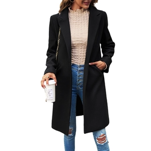 Elegant black mid-length wool-like coat with single-breasted design and classic lapel