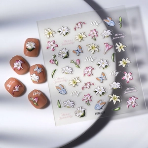 5D Relief-Nagelaufkleber mit Lilien- und Schmetterlingsmotiven für 3D-Nageldesign