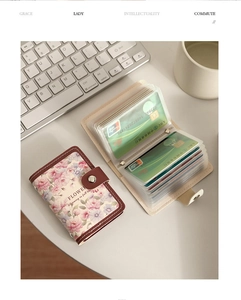 Detailed view of floral vintage card holder with accordion-style PVC slots and metal clasp
