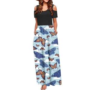 Detail of a color-block off-shoulder dress with black top and blue butterfly print skirt