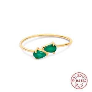 Luxurious S925 silver open ring with dual pear-cut green stones in gold finish