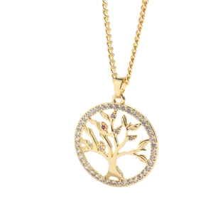 14K gold plated tree of life necklace with colorful cubic zirconia on white background