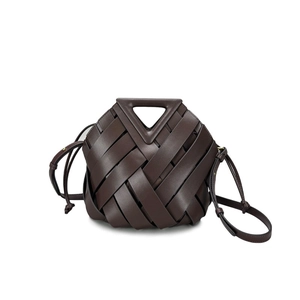Dark brown woven leather basket bag with triangular handle and detachable shoulder strap