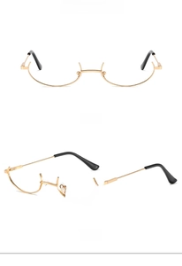Detail view of creative gold half-frame metal glasses from front and 45-degree side angles
