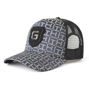 Blue-grey trucker hat with letter G metal logo and breathable black mesh for outdoors