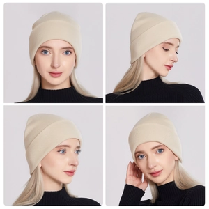 Multi-angle view of beige knitted beanie hat on model with minimalist cuffed design
