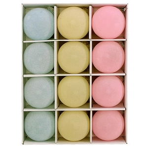12-pack macaron colored flocked Christmas balls in blue, yellow, and pink matte finish