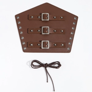 Brown vintage punk leather gauntlet wristband with metal rivets and buckle straps