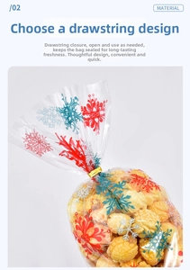 Sachet cadeau de Noël transparent avec motifs de flocons et attache dorée pour bonbons
