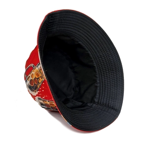 Fashionable red bucket hat with beer glass print and black inner lining for sun protection