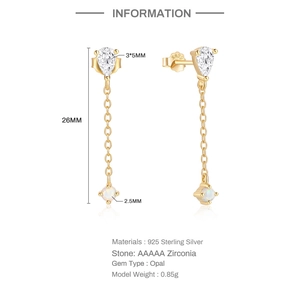 Detail view of S925 silver opal earrings showing 26mm length and AAA zircon dimensions