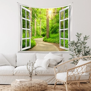 Close-up of a 3D forest window tapestry showing detailed fabric and high-quality printing