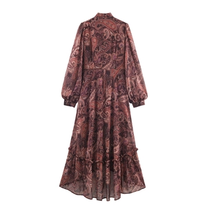 Bohemian paisley print chiffon midi dress with long sleeves and irregular ruffle hem