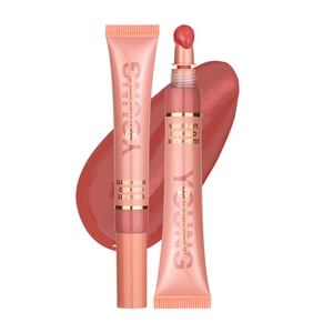 Glossy coral liquid lip gloss with sponge cushion applicator and swatch texture