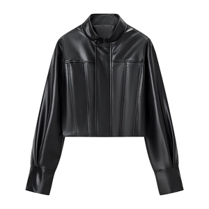 Women Faux Leather Jacket PU Stand Collar Slim Fit Long Sleeve Short Biker Coat Streetwear Outwear For Lady Black