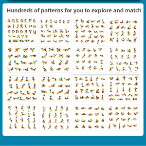 Guide showing 26 letters and shapes made with colorful 3D wooden tangram puzzles