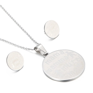 Titanium steel mother necklace and earrings set with circular mama engravings and icons