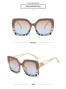 Detail der quadratischen Khaki-Sonnenbrille mit braun-blauen Gläsern und Metallbügeln