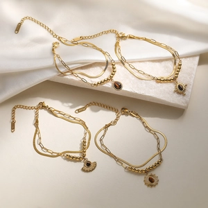 Vintage Stainless Steel Double Layer Gold Bracelet For Women Bohemian Tiger Eye Stone Sun Evil Eye Pendant Layered Chain Jewelry