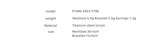 Detail specifications for titanium steel heart necklace, bracelet, and earrings set with zircon