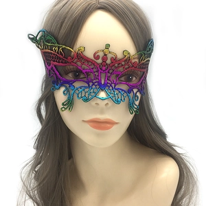 Detailed view of a rainbow gradient lace butterfly mask with intricate cutout patterns
